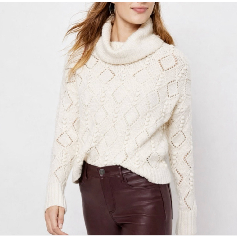 LOFT Cream Diamond Knit Cowl Neck Sweater S